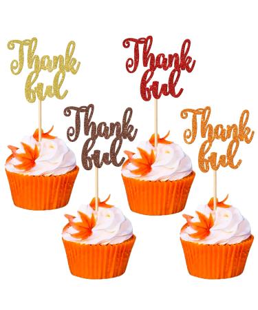 36 Pack Thankful Cupcake Toppers Glitter Thank You Cupcake Picks Thanksgiving Day Cupcake Decorations for Happy Thanksgiving Day Theme Wedding Birthday Party Supplies Multi 2-colorful