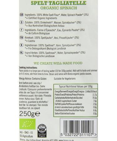 Biona Organic Spelt Pasta White Tagliatelle Spinach 250g (Pack of 6) - Buy Now for a Delicious and Healthy Meal! - Buy Online on GoSupps.com