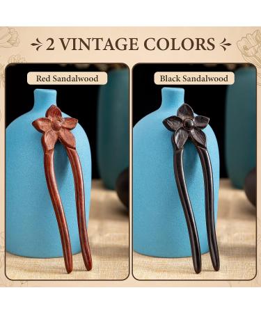 Noverlife 2PCS Handcrafted Ebony Sandalwood French Style U-Shaped Hair Forks with Flower Design - Elegant Updo Chignon Pins for Women and Girls - Buy Online on GoSupps.com