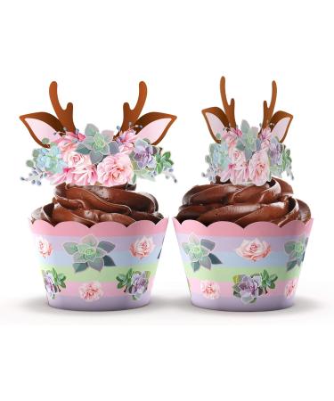 Woodland Baby Shower Cupcake Wrappers and Toppers - 24 Sets - Woodland Deer Birthday Party Decorations - Wild One Party Supplies (Woodland Deer) - Buy Online on GoSupps.com