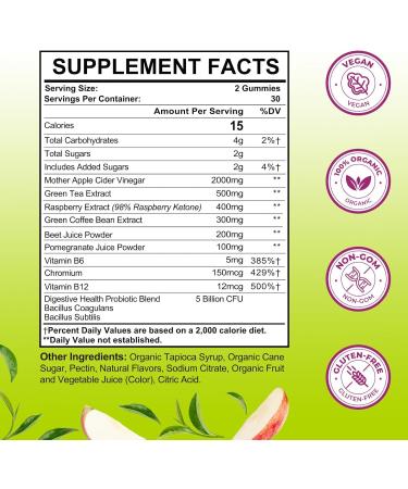 Appetite Suppressant Supplement| Akkermansia Function| Apple Cider Vinegar Gummies with Green Tea Extract Probiotic for Fat Burner Detox Cleanse Metabolism Energy & Digestive Health 60 Gummies Packs of 1 - Buy Online on GoSupps.com