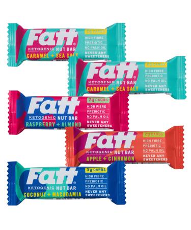 Fatt Keto Snack Bars - Variety Pack - 5 x 30g - 4 Flavours - 2-3g Carbs - 100% Natural Snacks - Low Carb Low Sugar High Prebiotic Fibre Vegan & Sweetener Free - FattBar Keto Bar Variety Pack 5 Count (Pack of 1)