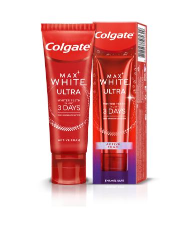 Colgate Max White Ultra Active Foam Teeth Whitening Toothpaste 75ml whiter teeth in 3 days* enamel safe for daily use removes deep stains* fluoride whitening toothpaste clinically proven - Buy Online on GoSupps.com