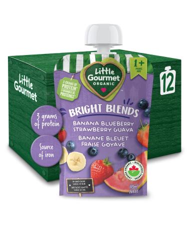 Little Gourmet Organic Bright Blends Baby Food Pouches - Banana Blueberry Strawberry Guava - No Added Sugar or Salt Non GMO No Fillers - (113ml) 12-Pouches Purple Banana Blueberry Strawberry Guava 113ml - 12 Pouches
