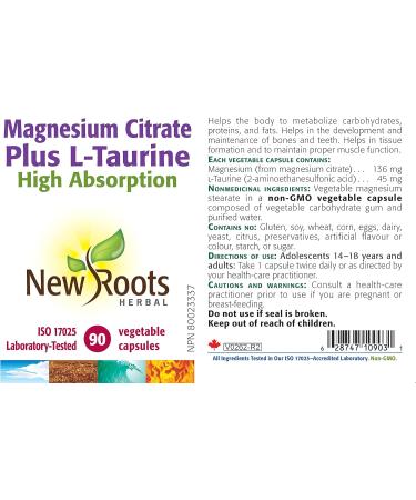 New Roots Herbal - Magnesium Citrate Plus L-Taurine - 90 Capsules - Magnesium Taurine Supplement - Teeth Health & Brain Health Supplements for Adults - Blood Pressure Support & Nervous System Support 90 count (Pack of 1) Magnesium Citrate Plus - Buy Online on GoSupps.com