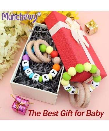 Personalized Teether Rattle Ring with Baby Name | Food Grade Silicone Sensory Chew Bracelet | Organic Beech Wood Teething Rings | Boy Girl Teething Toy - Buy Online on GoSupps.com