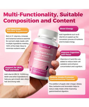 Mulittea Multivitamin for Women - 18+ Daily Women Multivitamin w/Biotin 10000mcg, Vitamin A, C, D, E & More for Hair, Skin and Nails - Methylated B9,B12 for Energy & Focus -120 CT 120 Count (Pack of 1) - Buy Online on GoSupps.com