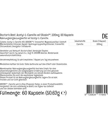 Doctor's Best Acetyl-L-Carnitine 500mg 60 Vegan Capsules - Laboratory Tested, Gluten-Free, SOYA-Free, Vegetarian, Non-GMO - Buy Online on GoSupps.com