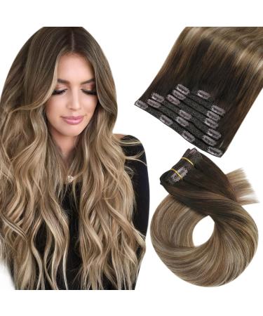 Moresoo clip in Extensions real hair balayage remy extensions clip hair extension real hair clips ombre dark brown to brown with dark ashblond #4/10/16 7pcs/120g 40cm double broken 40 cm #4/10/16