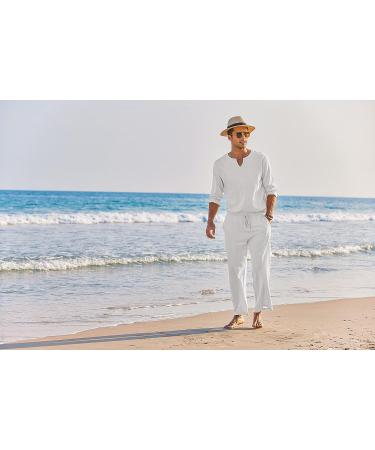 COOFANDY Men's Cotton Linen 2-Piece Set: Henley Shirt & Beach Pants | Summer Yoga Outfits - Buy Online on GoSupps.com