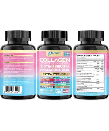 Collagen Peptides Types I II III V & X MCG Biotin Keratin Hyaluronic Acid MSM Zinc Grape Seed Extract Quercetin Vitamin A Vitamin C Vitamin E Magnesium Folic Acid (90 Capsules) 90 Count (Pack of 1) - Buy Online on GoSupps.com