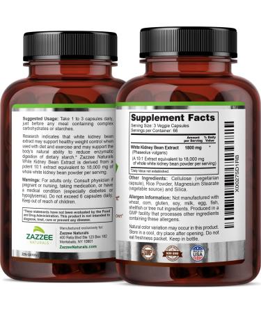 Zazzee White Kidney Bean Extract 18000 mg Strength - 200 Vegan Capsules, 100% Pure & Non-GMO - Buy Online on GoSupps.com