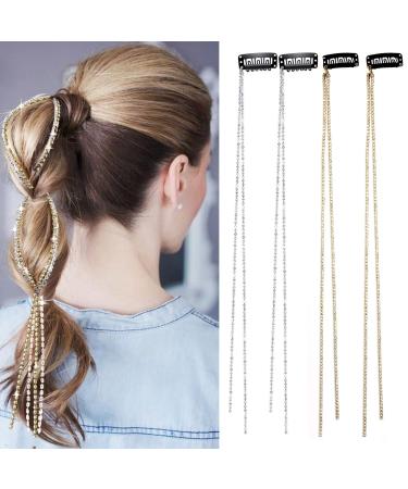 Sparkle Hair Chain for Girls  Rhinestone Hair Clips for Braiding  Silver and Gold Hair Extensions for Decoration  4 Counts (Pack of 1) SilverGold