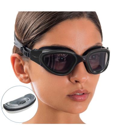 AqtivAqua Wide View Swimming Goggles // Swim Workouts - Open Water // Indoor - Outdoor Line All Black Goggles + Silver Case Shade