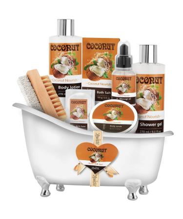 Relaxing Spa Gift Baskets For Women- Bath and Body Gift Set for mom Coconut Spa Kit includes Bath Bombs Message Oil Body Scrub Bath Salt Body Lotion Shower Gel and Scrub Brush
