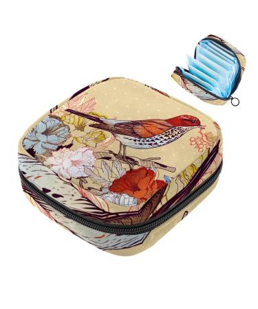 Menstruation pad bag with zipper women's napkin bag tampons collection bags for women and girls (vintage spring birds flower)