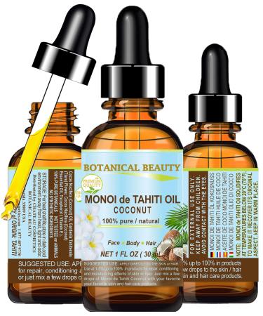 Botanical Beauty MONOI de TAHITI OIL COCONUT 100% Pure Natural Virgin Unrefined RAW 1 Fl. Oz.- 30 ml for FACE SKIN BODY HAIR NAILS