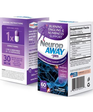 NeuropAWAY PM, Nighttime Nerve Support Formula for Nerve Discomfort, Burning, Tingling, & Numbness in Fingers, Hands, Toes & Feet, at Night. Patented Formula, 60 Capsule 60 Count (Pack of 1)