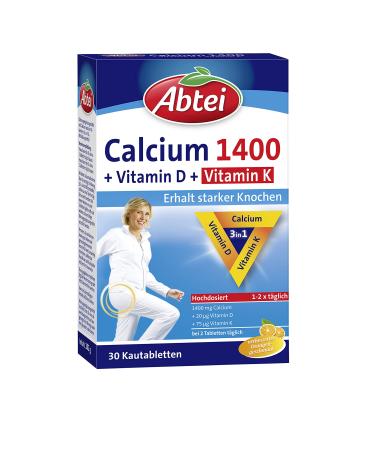 Abbey calcium 1400 + D + K - high -dose - with vitamin D and vitamin K - for the preservation of healthy bones and muscle fission - orange taste 30 chewing tablets 102 g (1 Pack) - Buy Online on GoSupps.com