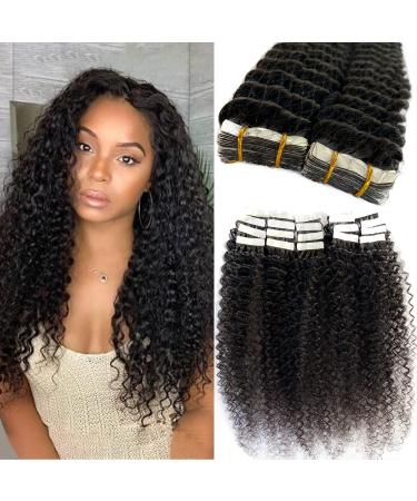 Tape in Hair Extensions Human Hair Kinky Curly Natural Colored Real Hair Extensions Tape ins for Black Women, 20 Pieces Double Sided Tape Hair Extensions 16 Inch 50G/Pack Kinky Curly Hair Extensions 16 Inch Kinky Curly Nat…