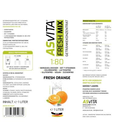 Asvita Beverage Concentrate Fresh Mix 1:80 - 1L Bottle with Dosing Pump | Sugar-Free Drink Syrup | 26 Delicious Flavors (Fresh Orange) - Order Now! - Buy Online on GoSupps.com