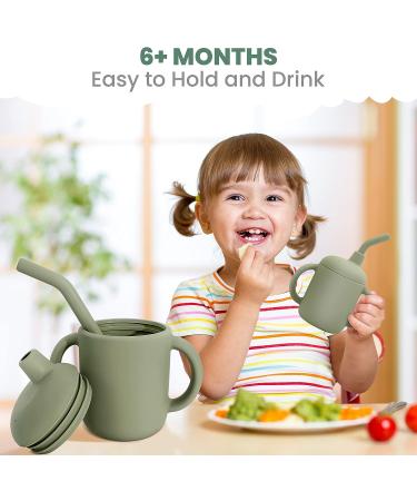 Ezvita Silicone Sippy Cup with Straw | Spill Proof Lid, Anti-Slip Handles | Fun Learning Tumbler for Babies & Toddlers | Freezer, Microwave, Dishwasher Safe - Silver Sage - Buy Online on GoSupps.com
