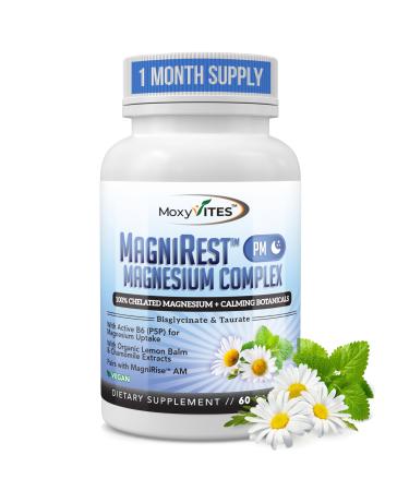 MoxyVites MagniRest PM Magnesium Complex for Women & Men - Magnesium Bisglycinate, Taurate, Active B6, & Calming Organic Botanicals - Chelated High Absorption - Nighttime Magnesium, 60 Vegan Capsules 60 Count (Pack of 1)