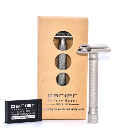 Parker Variant Adjustable Double Edge Safety Razor and 5 Parker Premium Blades - Adjust The Blade Exposure with A Turn of Dial for Milder or More Aggressive Shaves (Satin Chrome)