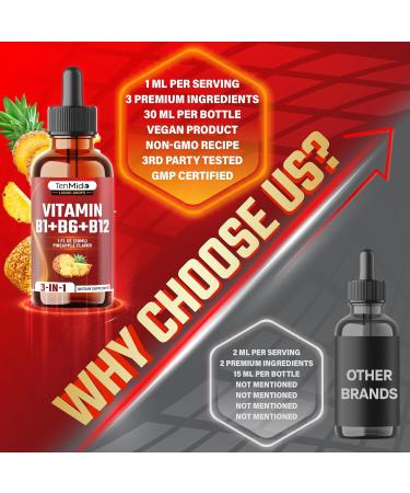Tenmido 3-in-1 Vitamin B Complex Liquid Drops for Women & Men - with B1 Thiamine B6 Pyridoxine B12 Methylcobalamin - Alcohol-Free Non-GMO - 30ml 1 Fl Oz - Buy Online on GoSupps.com