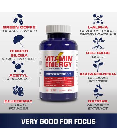 Vitamin Energy Focus+ Energy Capsules | 7+ Hours of Energy | 30 Capsules | International Shipping Available - Buy Online on GoSupps.com