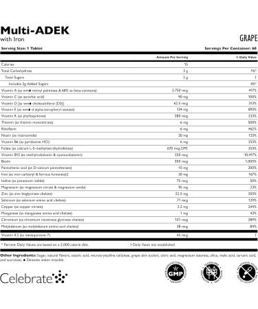 Celebrate Vitamins Multi ADEK Chewables 60mg Iron - Daily Bariatric Multivitamin Vitamins A D E K & B12 for Duodenal Switch Surgery Patients - Grape (60 Tablets) - Buy Online on GoSupps.com