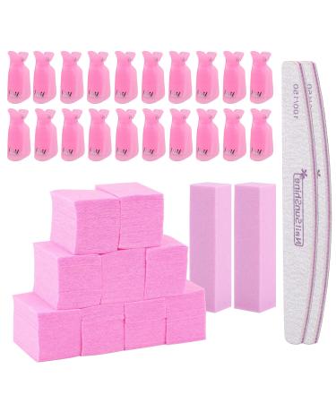 Gel Nail Polish Remover Tools Kit  600 Pcs Pink Lint Free Nail Wipes with 20 Pcs Nail Polish Remover Cap Clips  100/150 Nail File  Buffer Block Pink-Wipes