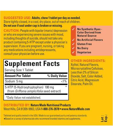 Nature Made 5HTP 100mg Chewable Tablets - Mood Support Supplement 30 Count - Orange Citrus Flavor - 30-Day Supply - Buy Online on GoSupps.com