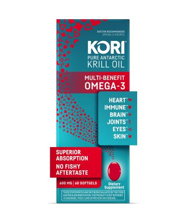 Kori Krill Oil Omega-3 600mg, 60 Softgels | Multi-Benefit Omega-3 Supplement | Superior Omega-3 Absorption vs Fish Oil and No Fishy Burps 60 Count (Pack of 1)
