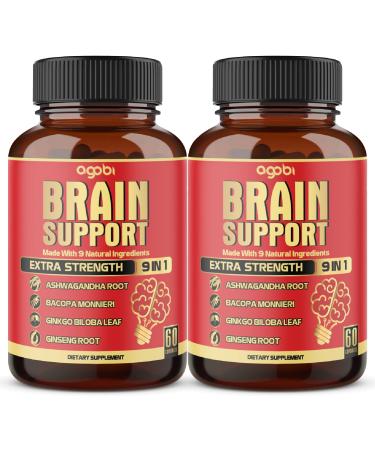 agobi 9in1 Brain Support Supplement - 2 Packs 60 Counts Blended Ashwagandha Panax Ginseng Gotu Kola Ginkgo Black Pepper & More - Accuracy Focus Memory & Energy Production Support