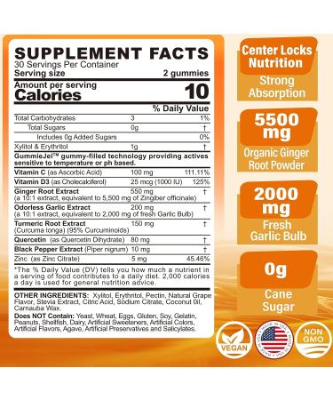 Sugar Free Ginger & Garlic Nausea Relief Gummies - Digestive Support with Turmeric, Quercetin, Vitamin D3 & C for Occasional Bloating & Gas - Buy Online on GoSupps.com