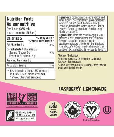 Remedy Kombucha Sugar-Free Organic Drink Sparkling Low Calorie Gut Health Beverage - Raspberry Lemonade - 355 mL Can 24-Pack Raspberry Lemonade 355ml (Pack of 24) - Buy Online on GoSupps.com