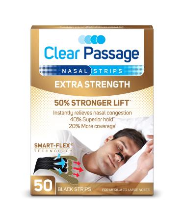 Clear Passage Extra Strength Nasal Strips, Nasal Dilators for Men & Women, Anti Snoring, Instant Congestion Relief for Cold & Allergy, Improves Sleep, Better Performance, for Day & Night, Black, 50 Ct