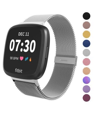 Limque Magnetic Bands Compatible with Fitbit Versa/Versa 2/Versa Lite/SE, Women Men Metal Adjustable Replacement Wristband for Fitbit Versa Smart Watch Multi-Color Silver Small
