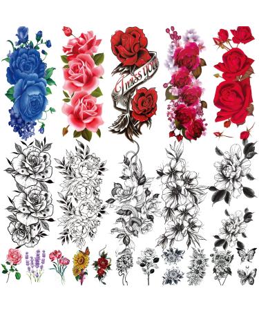 Jeefonna 21 Sheets Flowers Temporary Tattoos for Women  Waterproof Fake Tattoos Rose Peony Body Art Arm Tattoo Stickers for Women  Girls 21 Sheets-D-LSMG