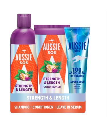 Aussie Strength & Length Lot de 3 shampoings apr s-shampoing et super s rum sans rin age Hydrate et renforce les cheveux longs secs et ab m s. Lisse adoucissent d m le pr vient les pointes Lengths Ensemble shampooing apr s-shampoing et super s rum