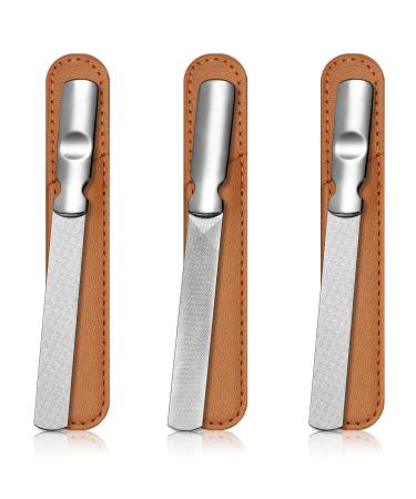 3 Pieces Stainless Steel Metal Nail File with Leather Case Heavy Duty Double Sided Nail Files Manicure Set with Leather Sheath (Brown)