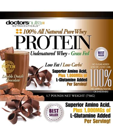 Doctors Nutra Nutraceuticals Pure Grass Fed Whey Protein Double Dutch Chocolate Flavor - Ultrafiltered Low Carb No Artificial Sweeteners or Flavors with BCAAs and 1000 mg L-Glutamine - 1.7 Pounds - Buy Online on GoSupps.com