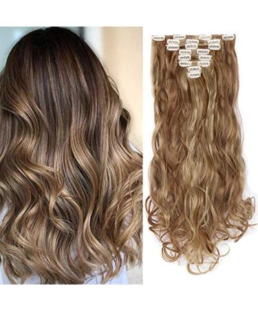 Silk-co Hairpiece Extensions Clip in Hair Extension Long Curly Wavy 8 Pcs Full Head 18 Clips Synthetic Heat Resistant 24 inch Light Brown&Blond 24 Inch Curly #Light Brown&Blond
