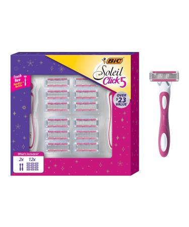 BIC Soleil Click 5 Women's 5-blade Razor Gift Set, 2 Handles 12 Cartridges 14 Piece Set Multicolor