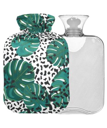 NAANLE hot water bottle with cover Leopard palm leaf Transparent hot water bottle 2l large hot hot water bottle for menstrual cramps pain relief handfoots heat and cold therapy