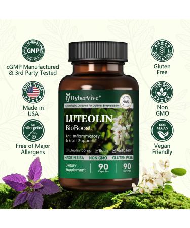 HyberVive Luteolin Supplement 98% Ultra-Purity Luteolin Extract Plant-Based Flavonoid Supplement for Brain Health Immune Support & Inflammatory Balance Made in USA 90 Vegan Capsules - Buy Online on GoSupps.com