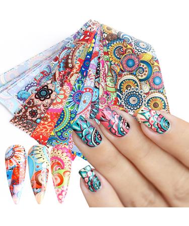 Holographic Nail Foil Transfer Stickers Decals  Colorful Bohemian Nail Polish Sheets Sky Starry Paper Transfer Foils Flower Nails Supplies for Nail Transfer Glue Women Manicure Nail Film Decorations