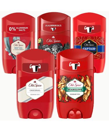 Old Spice Variety Deodorant for Men 5 Pack Aluminum Free Invisible Solid Deodorant Stick in Assorted Scents Original Captain Deep Sea Wolfthorn and Bearglove 1.69 oz. Each