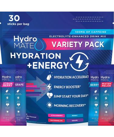 HydroMATE Electrolytes Powder Packets Energy Drink Mix Low Sugar Hydration Accelerator Rapid Hangover Party Recovery 100 mg Caffeine Variety Pack 30 Sticks 30 Count (Pack of 1)